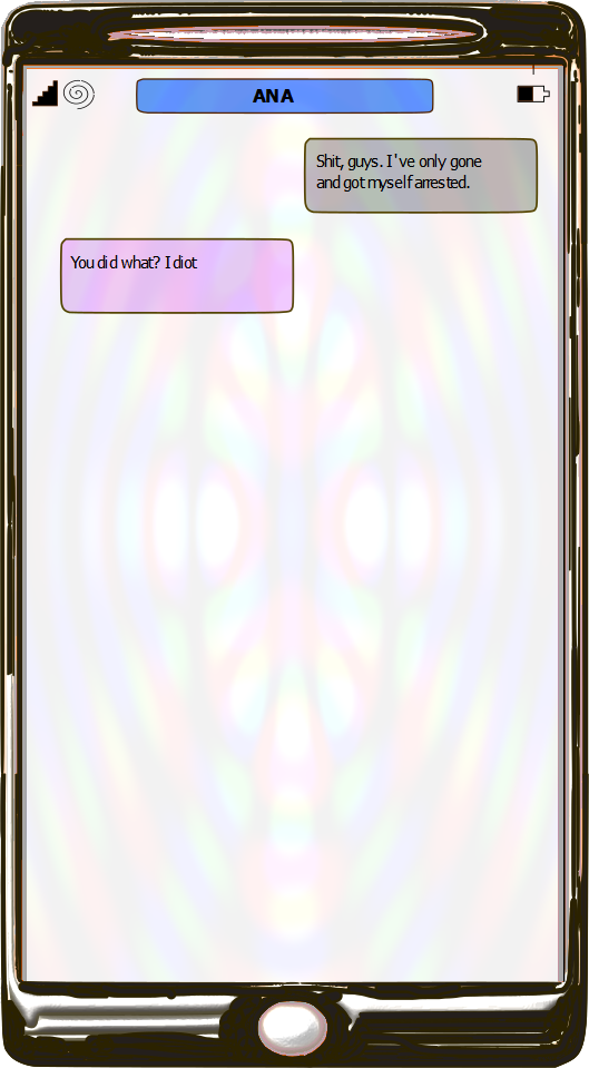 A phone screen. Cora says "Shit guys, I only gone and got myself arrested." Ana replies, "You did what? Idiot"
