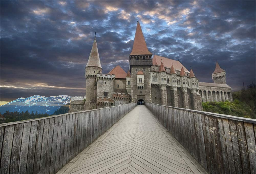 An image of a wooden walkway approaching an old castle