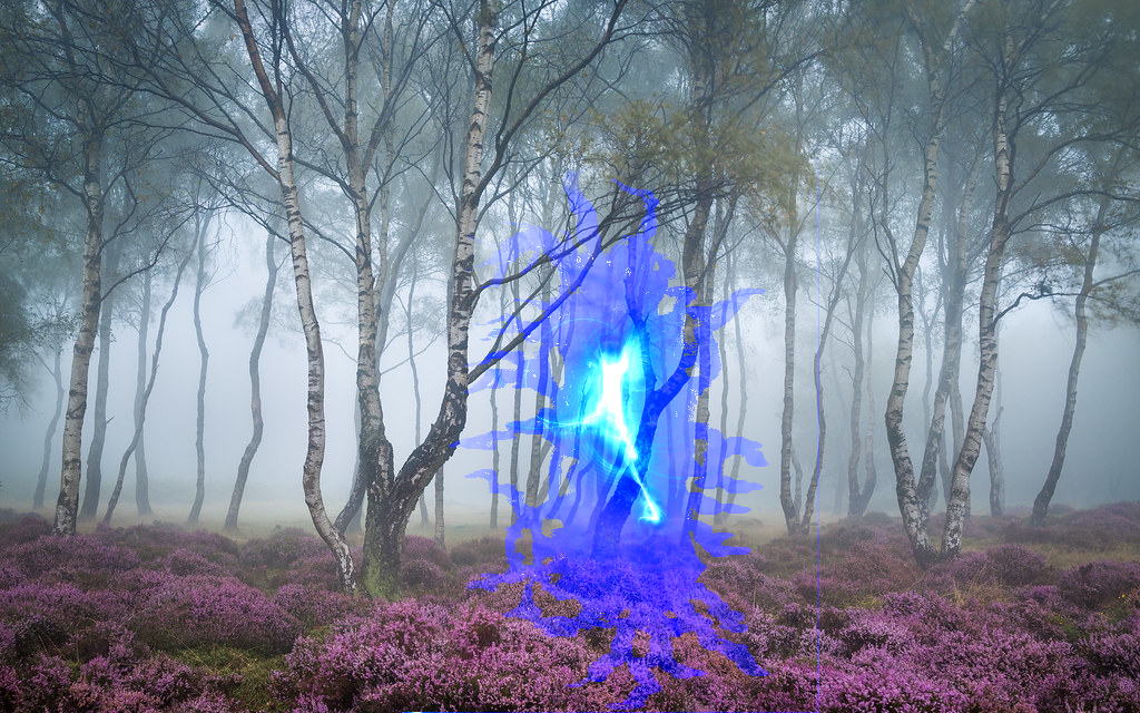 A blue, glowing object hangs in front of a background of misty trees